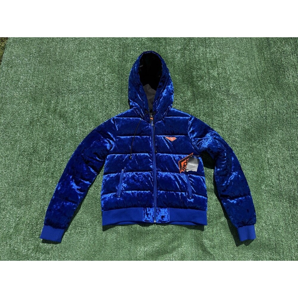 Forever 21 X Pony Edition Special Womens Blue Velvet Hooded Puffer Jacket Large